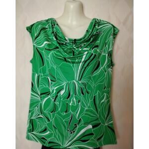 Dana Buchman Cap‎ Sleeve Top, Sz M, Green Multi with Tab Shoulders and Cowl Neck